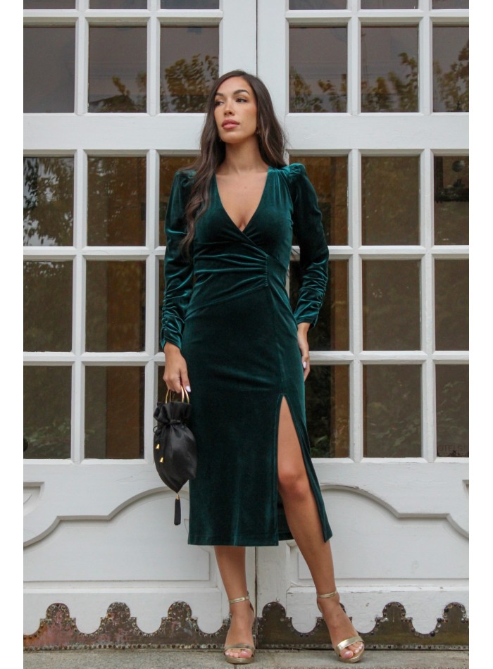 Bottle green velvet midi dress with long sleeves