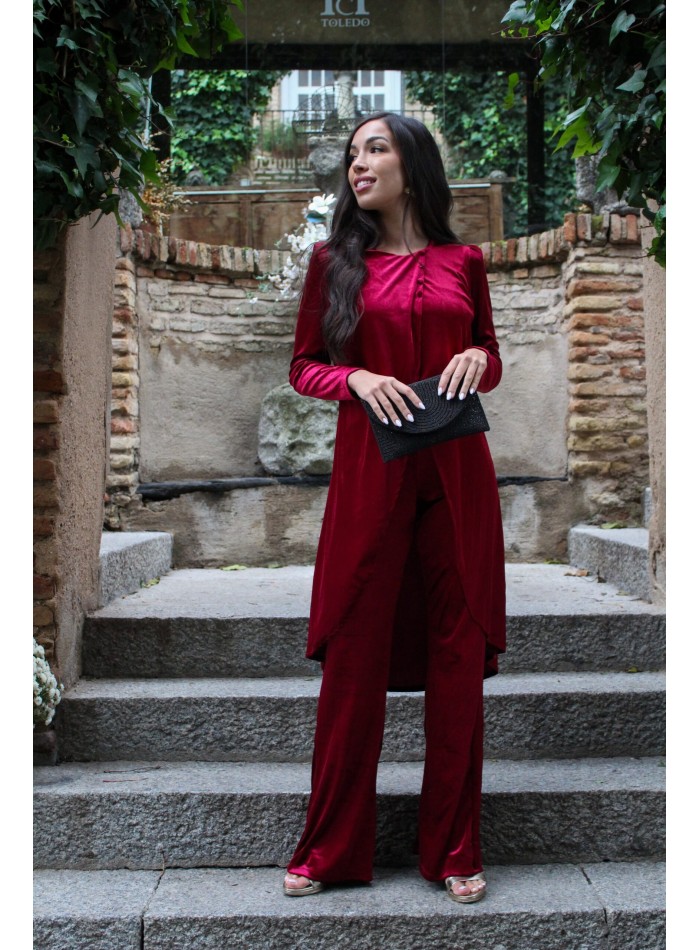 Maroon velvet tunic and straight long pants set