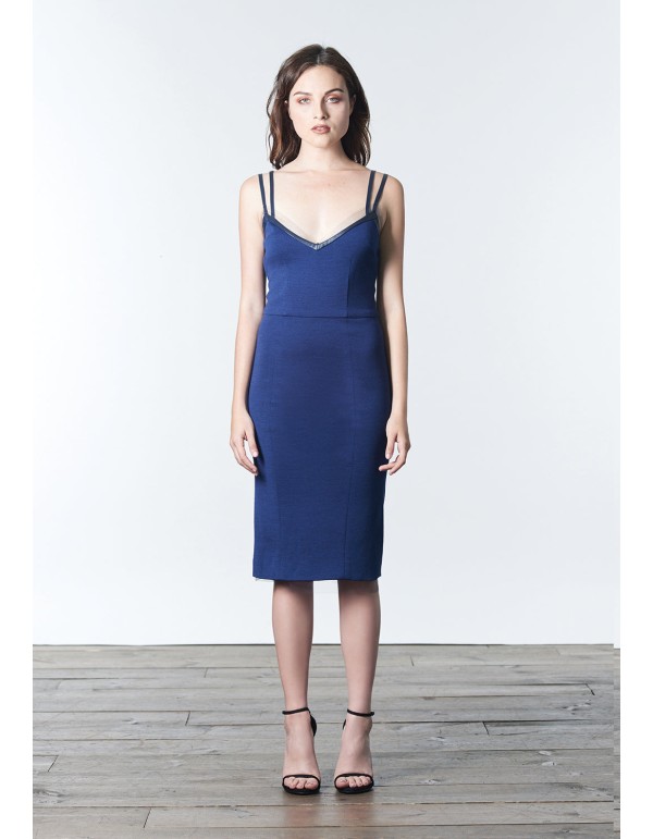 Minimalist blue cocktail dress with double straps