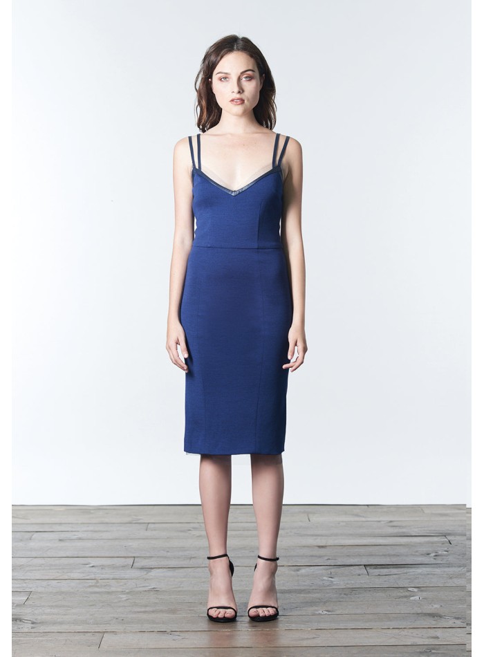 Robe de cocktail minimaliste bleue à double bretelle