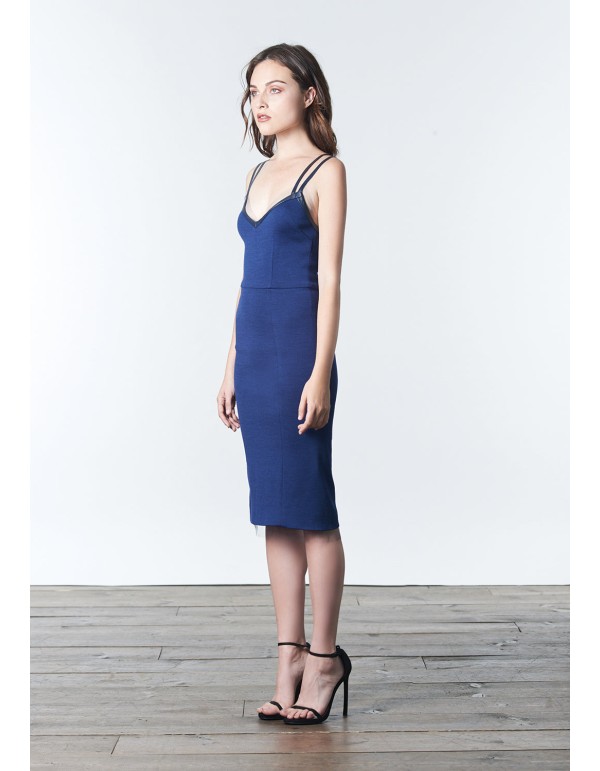 Minimalist blue cocktail dress with double straps 2