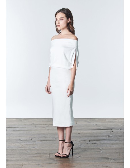 White knitted cocktail dress with bandeau neckline