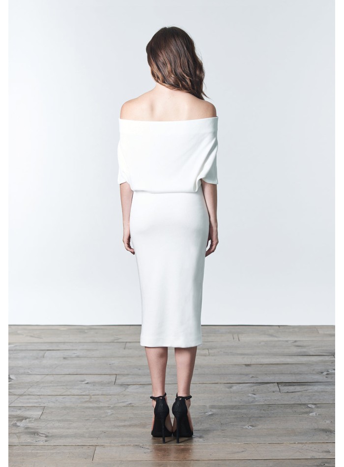 White knitted cocktail dress with bandeau neckline