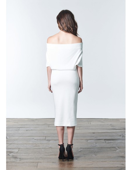 Vestido cóctel blanco de punto con escote bandeau Vestido cóctel blanco de punto con escote bandeau