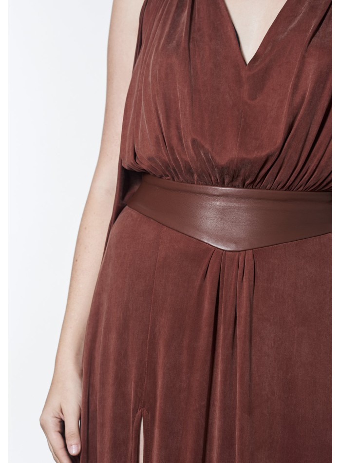 Long dress with open back and leather sash