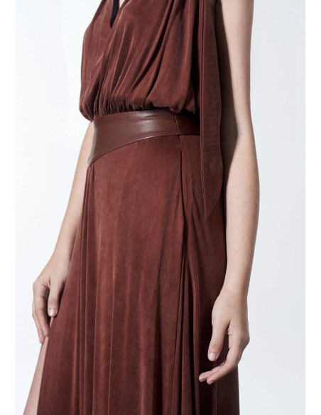 Long dress with open back and leather sash