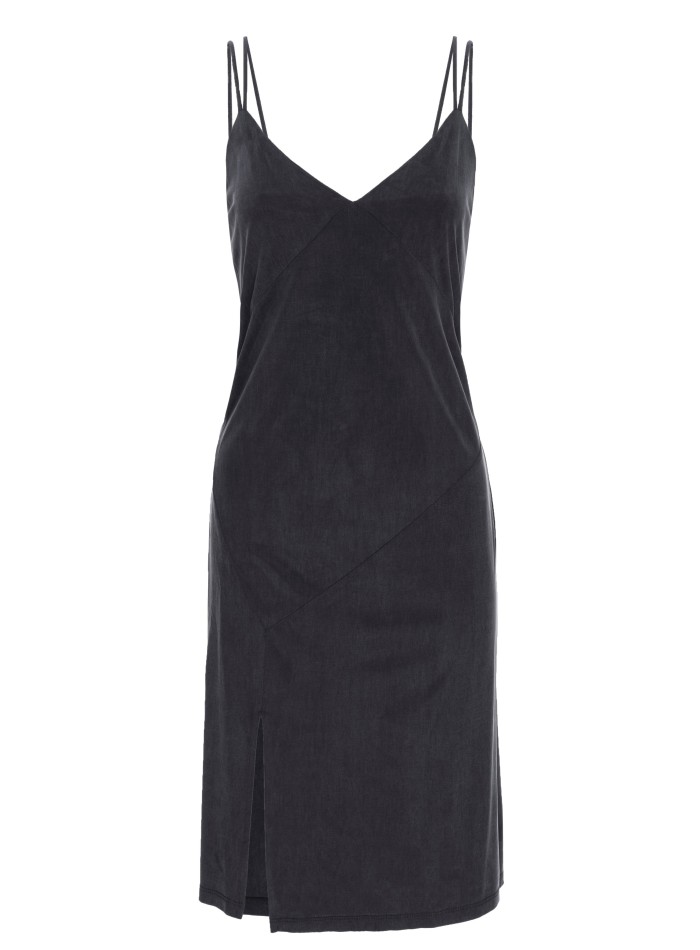 Black midi dress with double straps and side slit