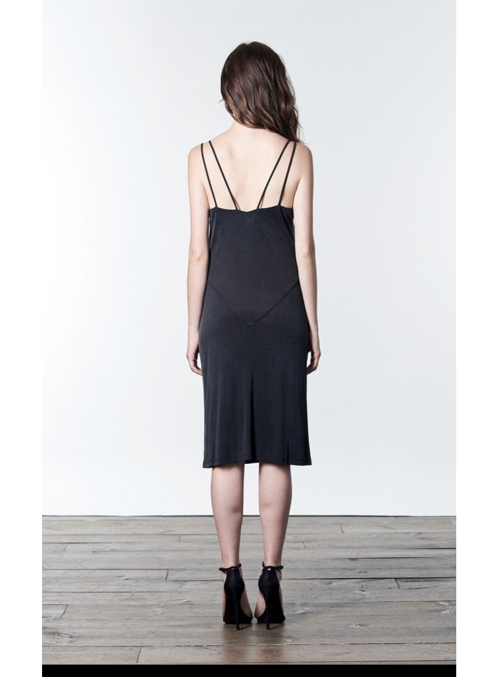 Black midi dress with double straps and side slit