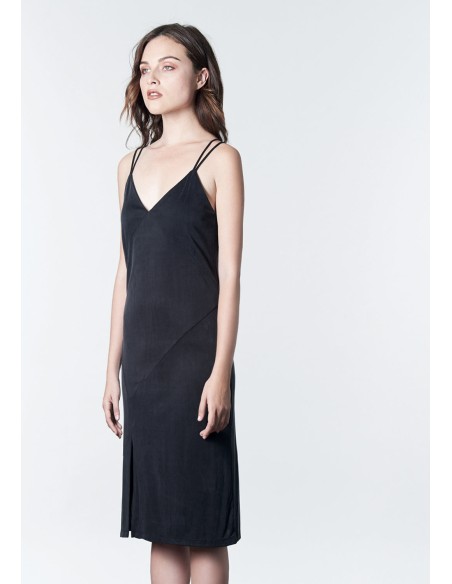 Black midi dress with double straps and side slit