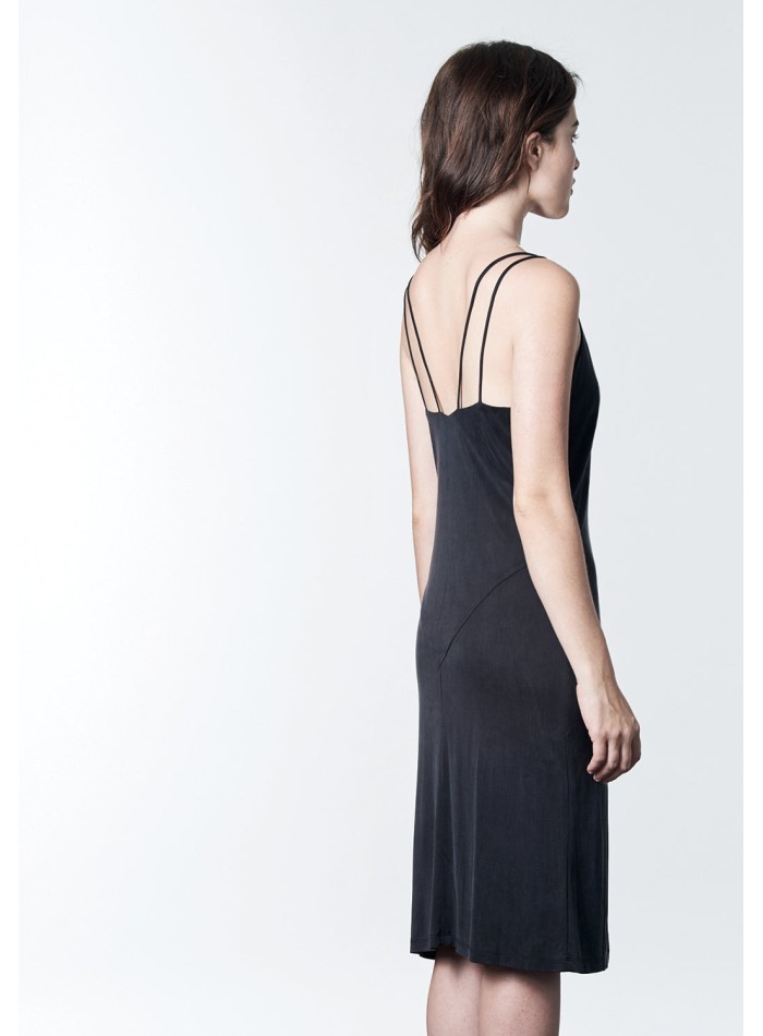 Robe midi noire avec double bretelle et fente...
