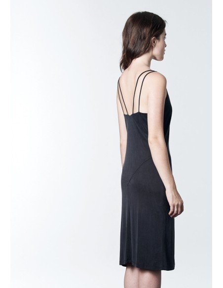 Black midi dress with double straps and side slit