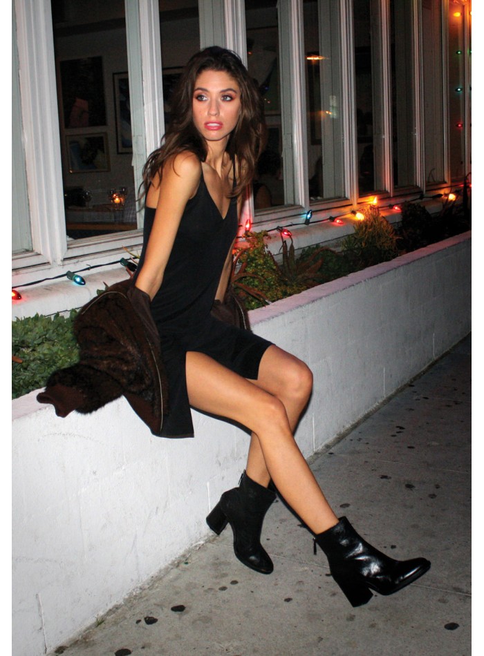 Black midi dress with double straps and side slit