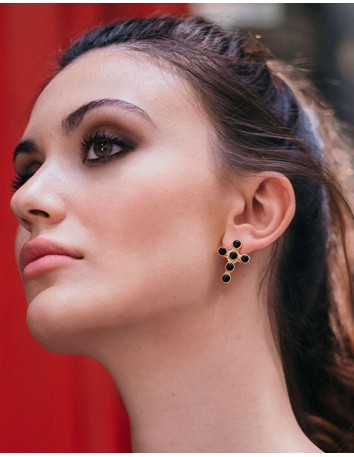Gold-plated cross earrings with black stones 2