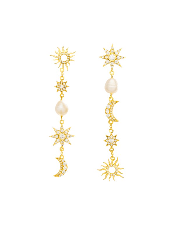 Long golden earrings with moons and stars