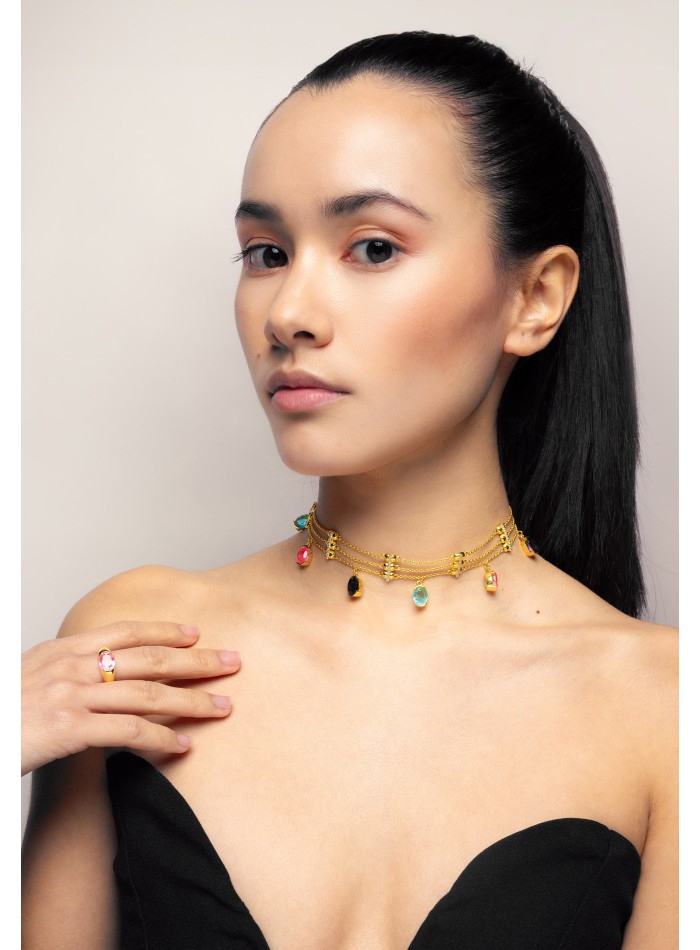 Gold choker with multicolored rhinestones