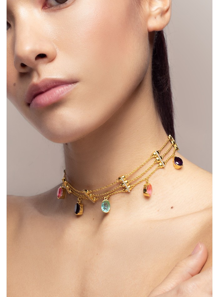 Gold choker with multicolored rhinestones