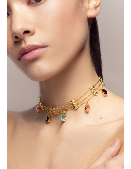 Gold choker with multicolored rhinestones