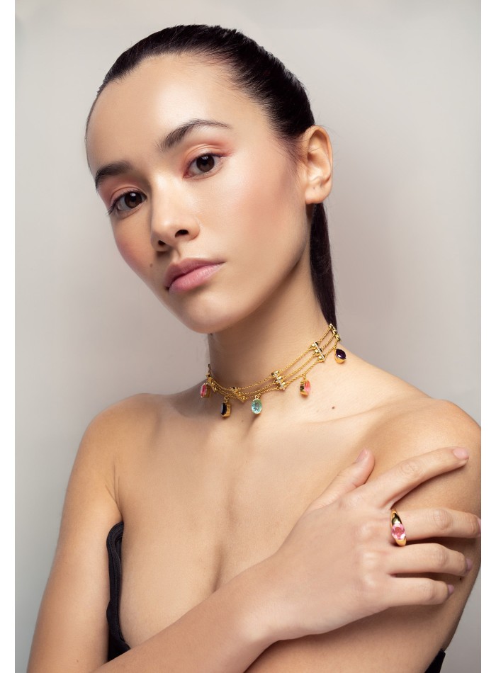 Gold choker with multicolored rhinestones