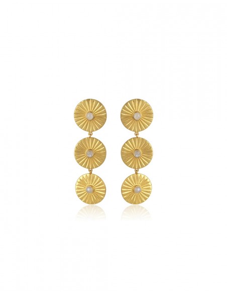 Long golden earrings with moonstone inlay