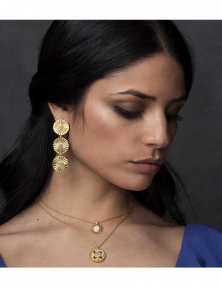 Long golden earrings with moonstone inlay by Lavani