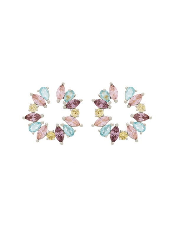 Pendientes plateados redondos con piedras tonos pastel 2