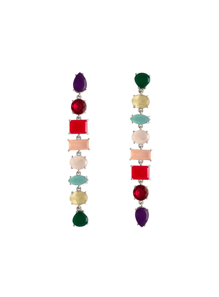 Long silver earrings with colored stones