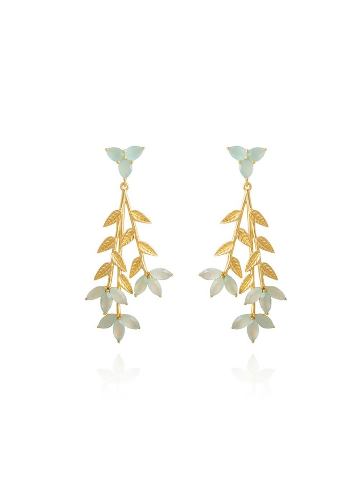 Long earrings with hand-carved leaves with aquamarine chalcedony - Blume de Lavani.