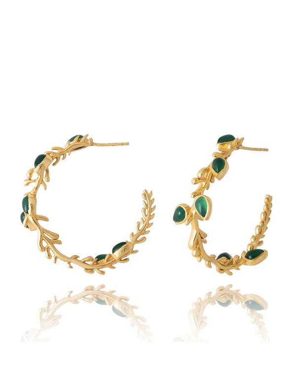 Golden ring earrings detailing leaves and branches with green stone
