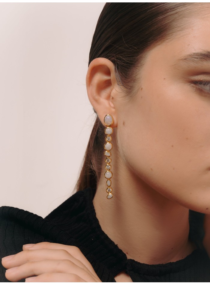 Long earrings with multiple pieces of moonstones