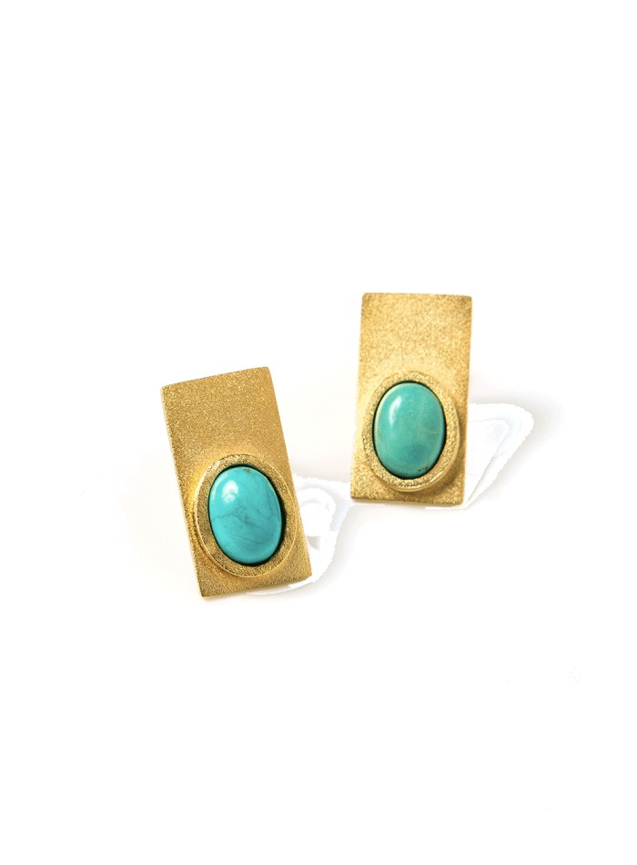Rectangular golden earrings with natural turquoise stone