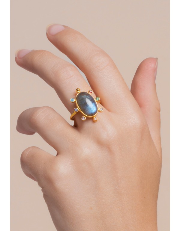 Anillo dorado ajustable con piedra grande central 2