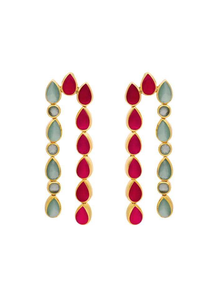 Long earrings with garnet and aquamarine rhinestones