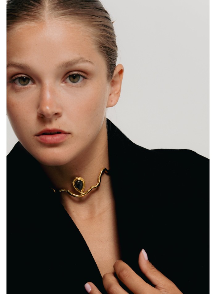 Gold Choker with Gray Semiprecious Stone -...
