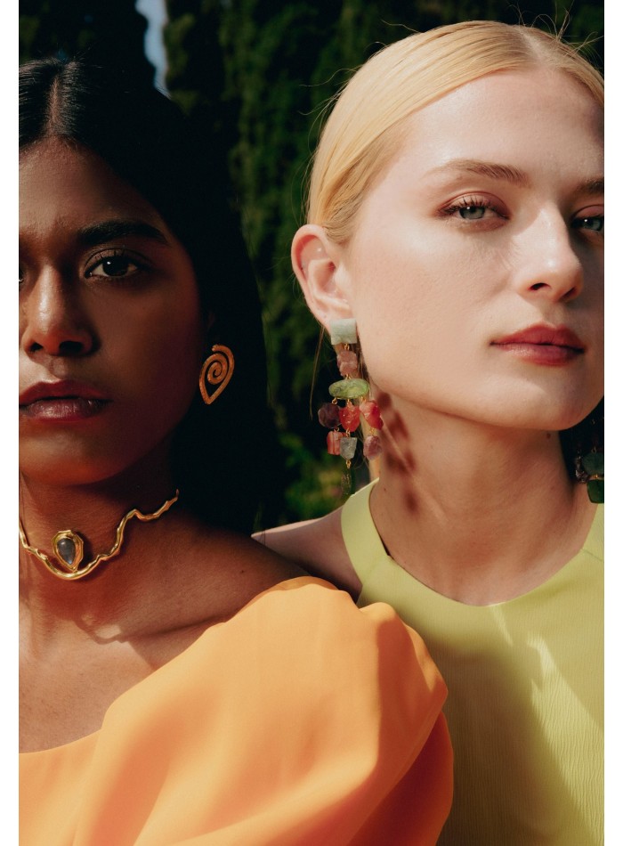 Gold Choker with Gray Semiprecious Stone -...