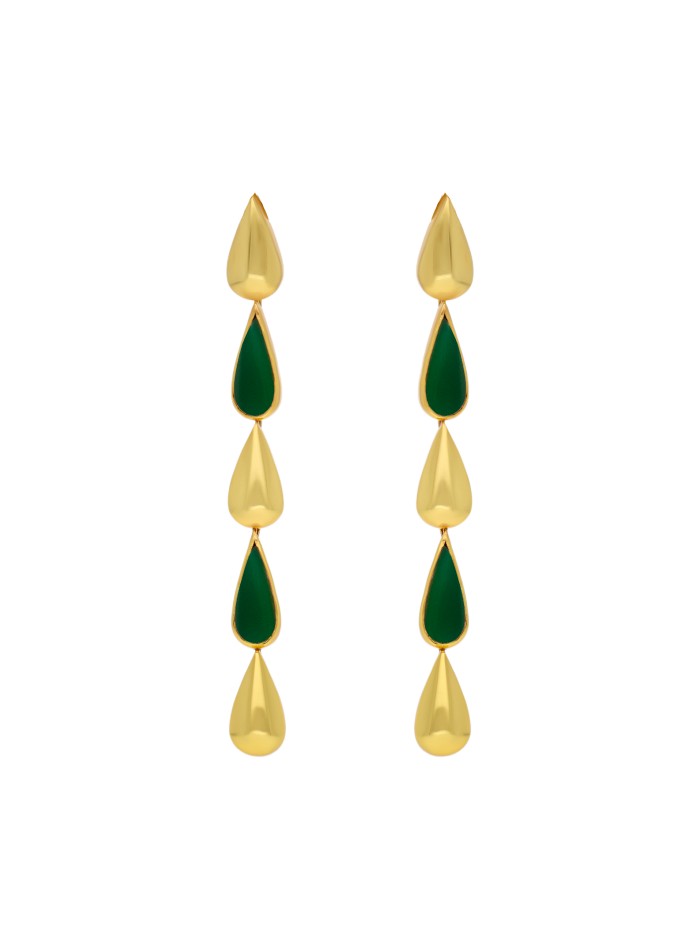 Long green and gold drop earrings