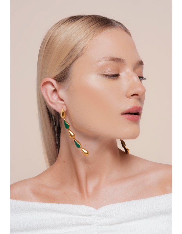 Long green and gold drop earrings 2