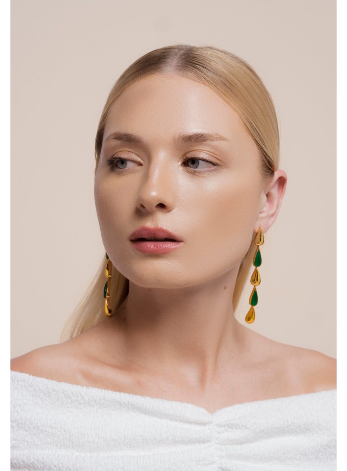 Long green and gold drop earrings