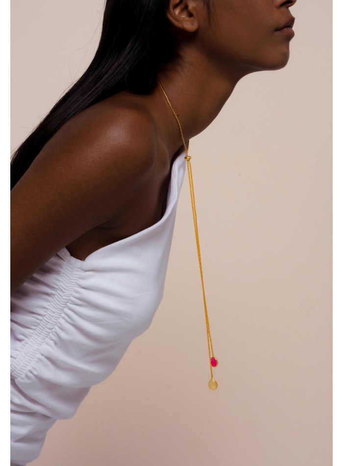 Long golden necklace with ribbon and multicolored stones