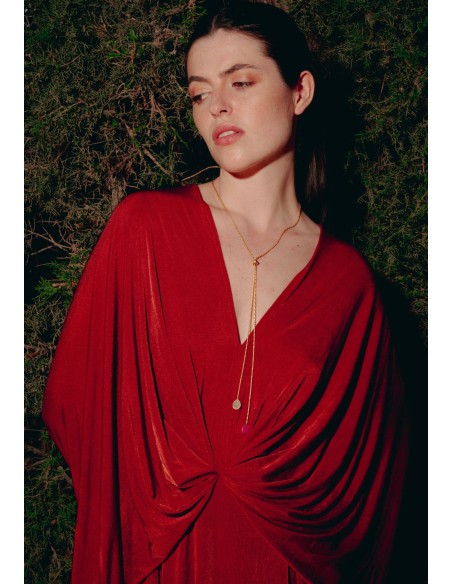 Long golden necklace with ribbon and multicolored stones