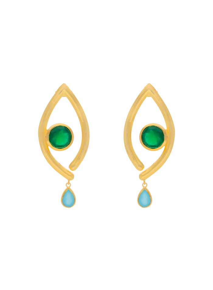 Gold party earrings with green and blue stone