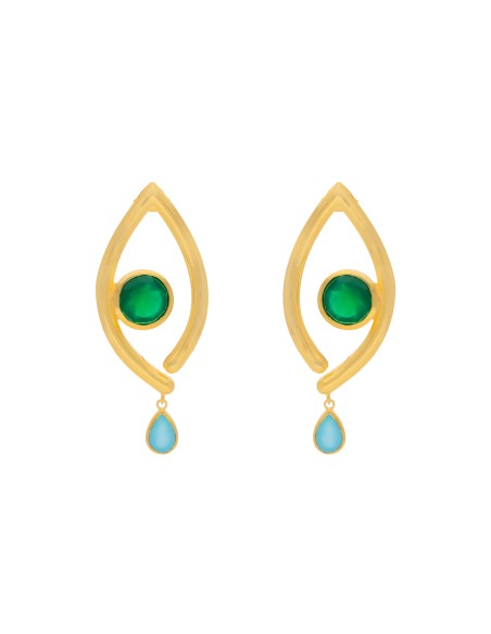 Gold party earrings with green and blue stone