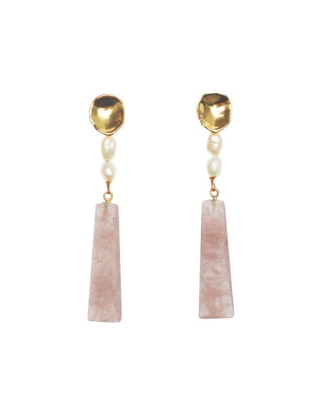 Pendientes largos con perlas y cuarzo rosa