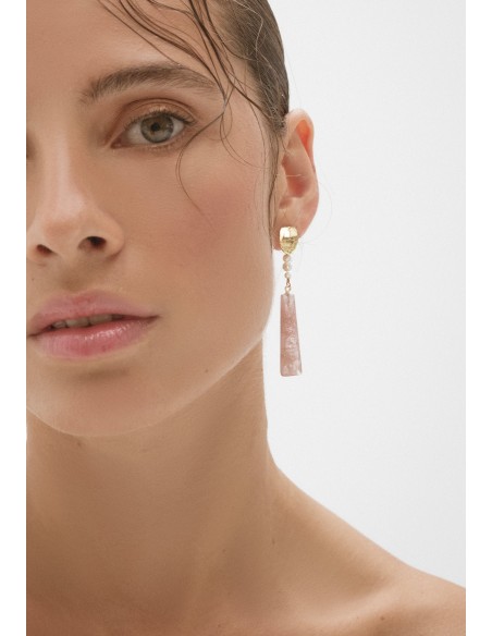 Long earrings with pearls and rose quartz