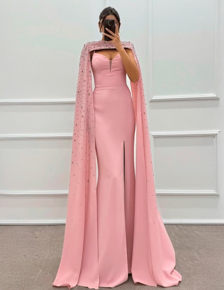 Robe de soirée longue, fine et sans bretelles, ornée de strass