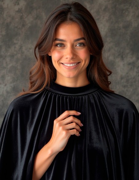 Short velvet cape with ruffle and slit for guests