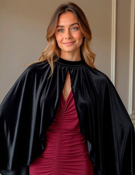 Short velvet cape with ruffle and slit for guests