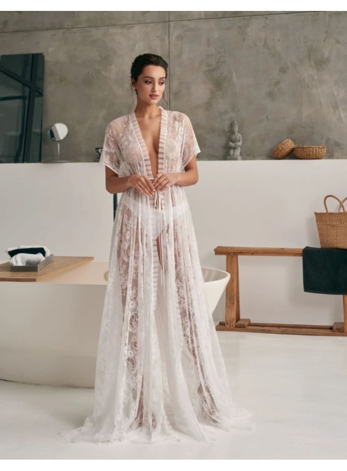 Ivory lace wedding gown with satin belt