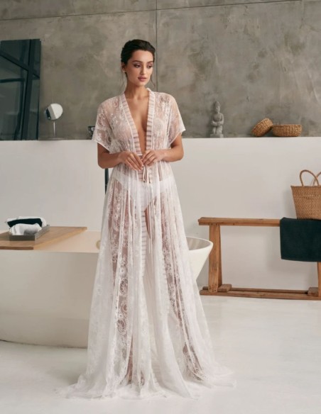 Ivory lace wedding gown with satin belt