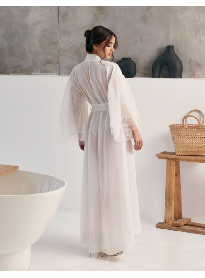 Lingerie wedding gown with puffed sleeves and belt