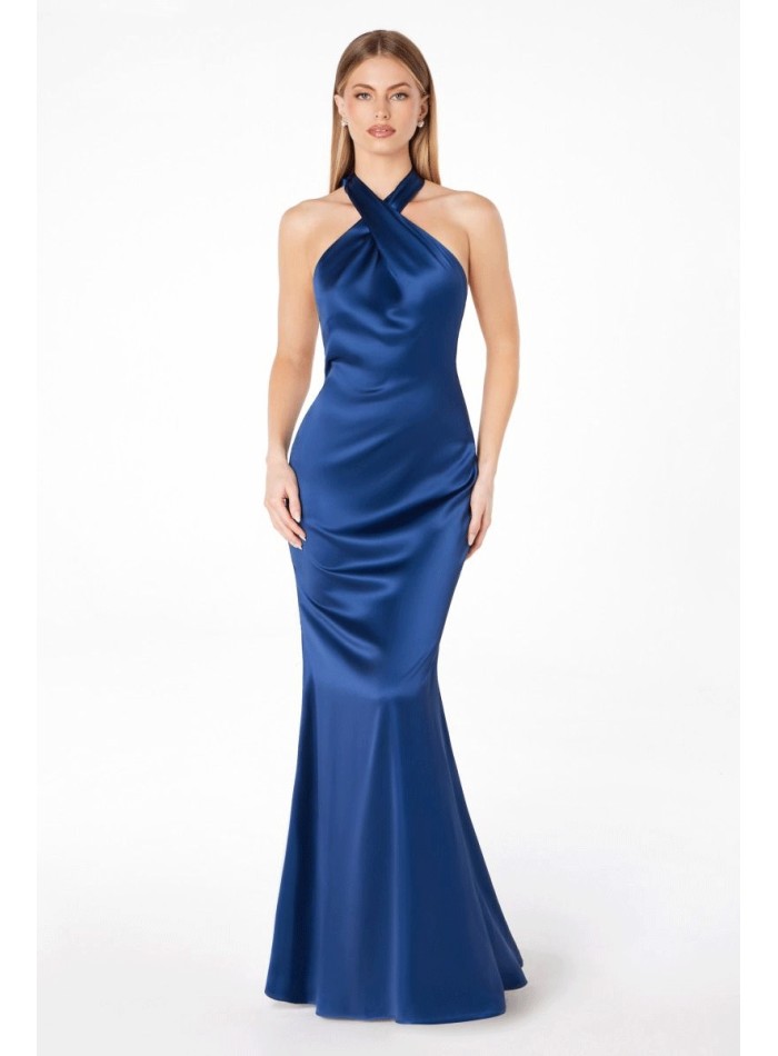 Satin party dress with halter neckline and open back